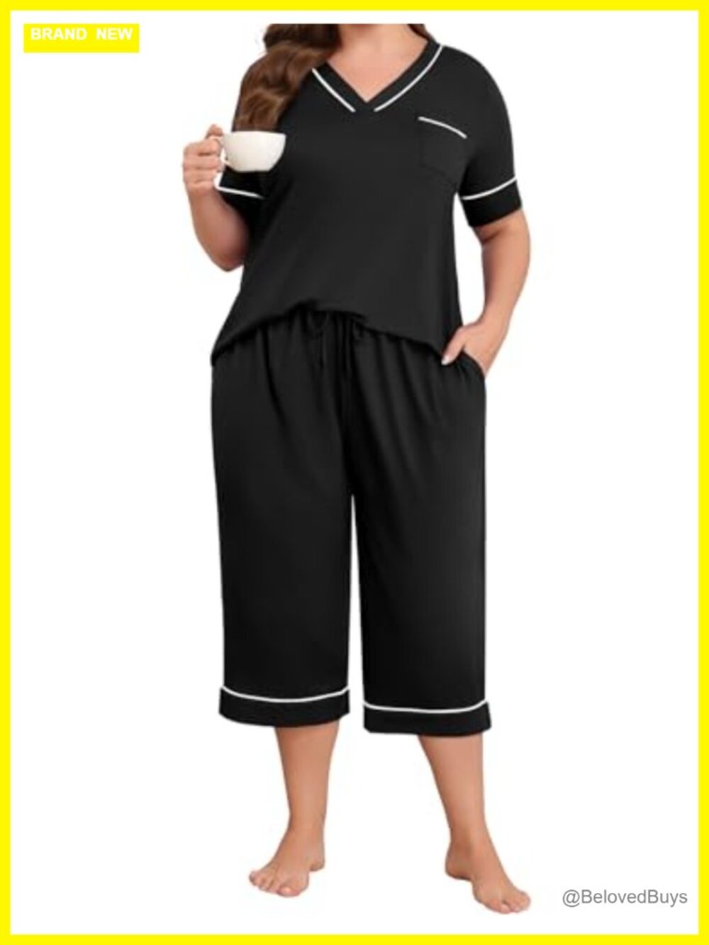 Plus Size Womens 2 Piece Pajama Set V Neck Short Sleeve Capri Pants Loungewear